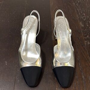 Chanel Women's Silver and Black Slingback Shoes